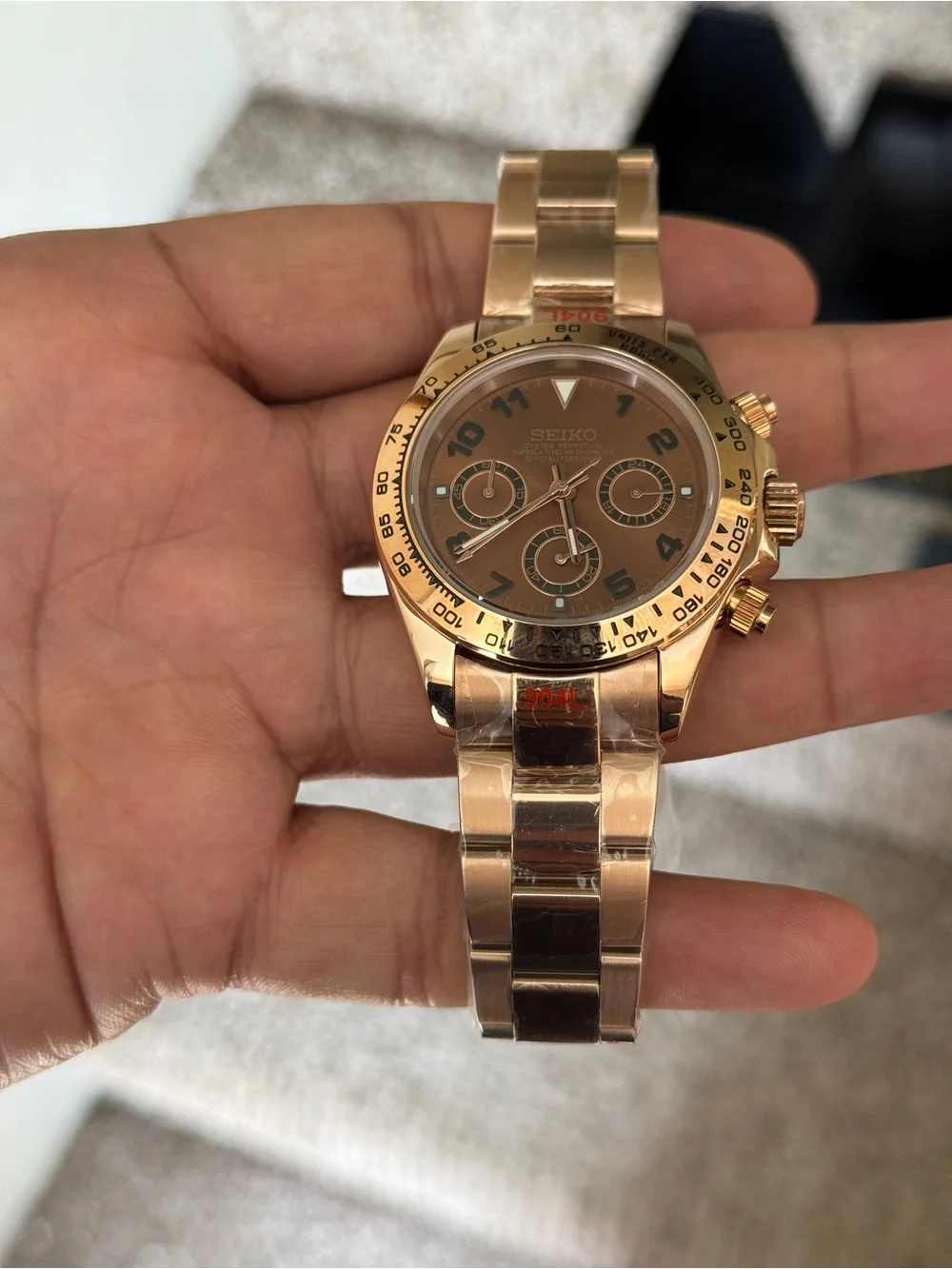 Seiko mod Rose Gold Chronograph with chocolate dial Men's Watch